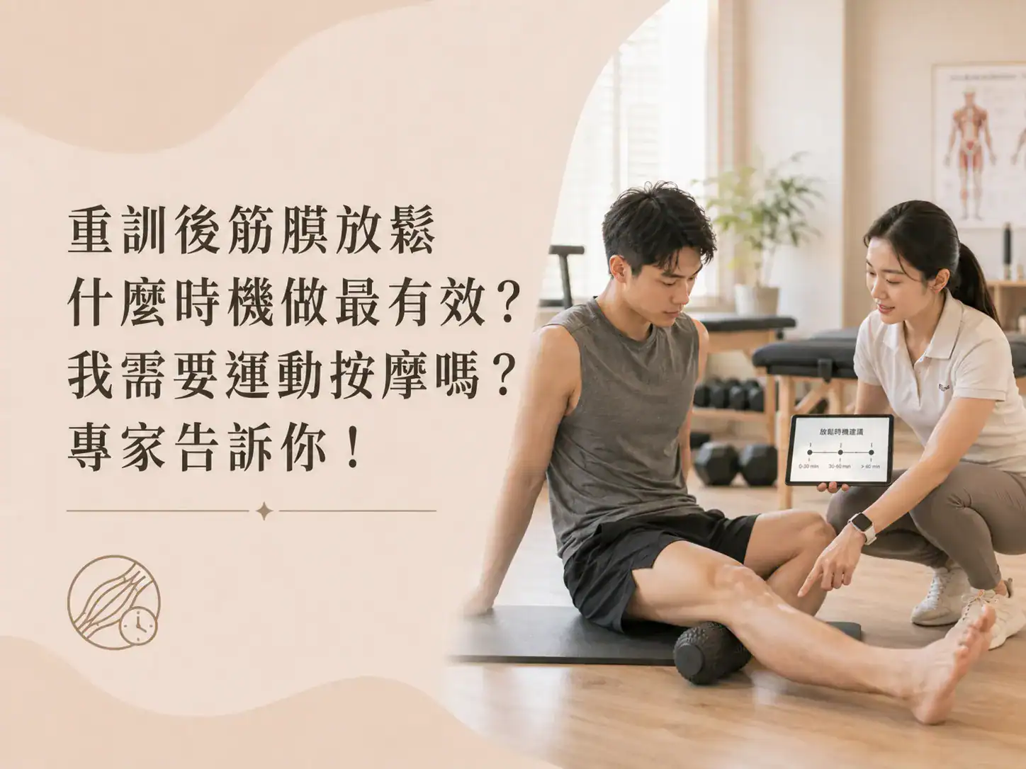 運動按摩師指導男性使用滾筒放鬆腿部筋膜，說明重訓後筋膜放鬆最佳時機