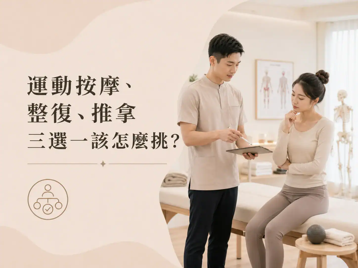 專業人員向女性說明運動按摩、整復與推拿的差異比較